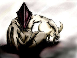 Rule 34 | 1boy, crossover, image sample, monster, numb body, penis face, pixiv sample, pyramid head, resized, silent hill, silent hill (series), silent hill 2, silent hill 3, sitting