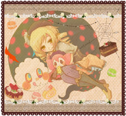 Rule 34 | 10s, 1girl, animal, animal hug, beret, blonde hair, boots, cake, charlotte (madoka magica), cheese, corset, detached sleeves, drill hair, eating, food, food on face, fruit, hair ornament, hat, macaron, magical girl, mahou shoujo madoka magica, mahou shoujo madoka magica (anime), pleated skirt, siratama104, skirt, strawberry, striped clothes, striped thighhighs, swiss cheese, swiss roll, thighhighs, tomoe mami, twin drills, twintails, vertical-striped clothes, vertical-striped thighhighs, yellow eyes