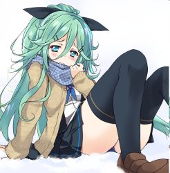 Rule 34 | 1girl, black ribbon, black serafuku, black skirt, black thighhighs, blue neckerchief, blue panties, blue scarf, blush, brown footwear, closed mouth, commentary request, green eyes, green hair, hair between eyes, hair ornament, hair ribbon, hairclip, jacket, kantai collection, long hair, long sleeves, looking at viewer, malino (dream maker), neckerchief, panties, parted bangs, pleated skirt, ponytail, ribbon, scarf, school uniform, serafuku, shoes, simple background, sitting, skirt, snow, solo, thighhighs, underwear, white background, yamakaze (kancolle)