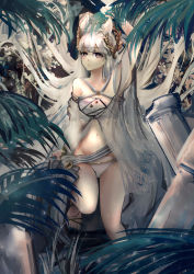 Rule 34 | 1girl, absurdres, animal ears, arknights, bare shoulders, bikini, brown eyes, commentary, groin, highres, long hair, looking at viewer, navel, official alternate costume, platinum (arknights), platinum (shimmering dew) (arknights), silver hair, solo, stomach, swimsuit, thighs, vyragami, white bikini