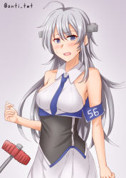 Rule 34 | 1girl, ahoge, anti (untea9), bare shoulders, blue necktie, breasts, commentary request, cowboy shot, gradient background, grey background, grey eyes, headgear, highres, kantai collection, long hair, looking at viewer, medium breasts, military, military uniform, necktie, toy hammer, pleated skirt, shirt, silver hair, skirt, sleeveless, sleeveless shirt, solo, twitter username, uniform, washington (kancolle), white shirt, white skirt