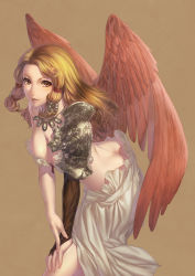Rule 34 | 1girl, arm support, artdink, asymmetrical clothes, back, bad id, bad pixiv id, blonde hair, breasts, bridal gauntlets, cleavage, highres, iuria wolph, jewelry, leaning forward, long hair, necklace, original, red wings, simosi, solo, tactics ogre, wings, yellow eyes