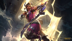 1girl absurdres aiming bow_(weapon) brown_hair dark-skinned_female dark_skin detached_sleeves english_text green_eyes high_heels highres holding holding_bow_(weapon) holding_weapon horns ishtar_(rose_warrior)_(smite) ishtar_(smite) logo looking_to_the_side official_alternate_costume official_art single_sleeve smite solo weapon white_sleeves