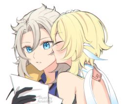 Rule 34 | 1boy, 1girl, ahoge, albedo (genshin impact), anientte, back, bare back, bare shoulders, black gloves, blonde hair, blue eyes, blush, breasts, closed eyes, dress, flower, genshin impact, gloves, hair between eyes, hair flower, hair ornament, highres, holding, kiss, kissing cheek, long hair, long sleeves, looking at viewer, lumine (genshin impact), male focus, medium breasts, medium hair, multiple girls, open mouth, paper, pointy ears, protected link, short hair, short hair with long locks, smile, twintails, white background, white dress, yellow eyes