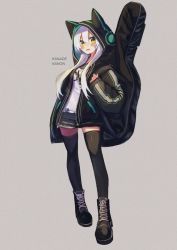 Rule 34 | 1girl, animal ears, animal hood, black footwear, black jacket, black shorts, black thighhighs, blush stickers, boots, cross-laced footwear, fake animal ears, full body, grey background, hair between eyes, hood, hood up, hooded jacket, instrument case, jacket, kanade kanon, kanade kanon official, lace-up boots, long hair, long sleeves, looking at viewer, moti yousei, nanashi inc., parted lips, shirt, short shorts, shorts, silver hair, simple background, sleeves past wrists, smile, solo, standing, thighhighs, v ap art, very long hair, virtual youtuber, white shirt, yellow eyes