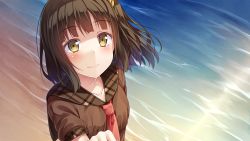Rule 34 | 1girl, beach, black hair, blush, brown shirt, character request, collarbone, copyright request, from above, hair ornament, highres, long hair, looking up, necktie, outdoors, red necktie, school uniform, serafuku, shirt, short sleeves, smile, solo, yellow eyes, yuuri nayuta