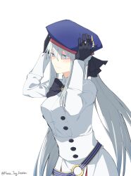 Rule 34 | 1girl, artoria caster (fate), artoria caster (fate) (cosplay), artoria caster (second ascension) (fate), artoria pendragon (fate), belt, beret, black bow, black gloves, blue belt, blue eyes, blue hat, bow, breasts, buttons, closed mouth, collared shirt, cosplay, fate/grand order, fate (series), gem, gloves, gold trim, green gemstone, grey hair, hair bow, hat, highres, house tag denim, long hair, long sleeves, medium breasts, morgan le fay (fate), ornament, shirt, skirt, smile, aesc (fate), very long hair, white background, white shirt, white skirt