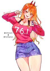 Rule 34 | absurdres, chainsaw man, cosplay, denim, denim shorts, highres, horns, lianbiglian, mifenami, nami (one piece), one piece, orange hair, power (chainsaw man), shorts, shoulder tattoo, tattoo, tongue, tongue out