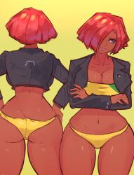 Rule 34 | 1girl, absurdres, arc system works, ass, breasts, cleavage, crop top, crossed arms, dark-skinned female, dark skin, djchivalry, facing away, giovanna (guilty gear), green eyes, guilty gear, guilty gear strive, highres, jacket, large breasts, red hair, thick thighs, thighs, underwear