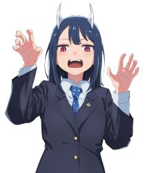 Rule 34 | 1girl, aoki ruri, blazer, blue hair, blue necktie, fangs, hands up, highres, horns, jacket, knew nothing, long sleeves, necktie, open mouth, red eyes, ruri dragon, school uniform, simple background, solo, upper body, white background