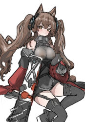 Rule 34 | 1girl, angelina (endfield) (arknights), animal ears, arknights, arknights: endfield, black gloves, black thighhighs, blush, breasts, bright pupils, brown eyes, brown hair, dress, feet out of frame, fox ears, fox girl, garter straps, gloves, grey dress, hair ornament, highres, jacket, long hair, looking at viewer, medium breasts, official alternate costume, red jacket, simple background, sleeveless, sleeveless dress, solo, thighhighs, twintails, very long hair, whate=3r, white background, white pupils