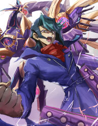 1boy bird clenched_hand coat commentary_request duel_monster green_hair highres kurosaki_shun_(yu-gi-oh!) male_focus medium_hair noppe open_mouth purple_coat raidraptor_-_rising_rebellion_falcon teeth tongue white_background yellow_eyes yu-gi-oh! yu-gi-oh!_arc-v