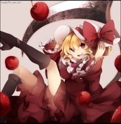 Rule 34 | 1girl, apple, bad id, bad pixiv id, blonde hair, boots, bow, dated, dress, elly (touhou), female focus, food, fruit, hat, hat bow, highres, long hair, open mouth, red eyes, scythe, shouen kigashi, smile, solo, touhou, touhou (pc-98)