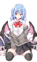 Rule 34 | 1girl, bag, bat wings, black thighhighs, blouse, blue bag, blue hair, blush, bow, bowtie, buttons, collar, collared shirt, eyes visible through hair, grey shirt, grey thighhighs, hair between eyes, highres, long sleeves, looking to the side, mirror, no headwear, open mouth, pink footwear, pocket, pointy ears, red bow, red bowtie, red eyes, remilia scarlet, sabana, shirt, shoes, short hair, simple background, sitting, solo, thighhighs, touhou, wariza, white background, white shirt, wings