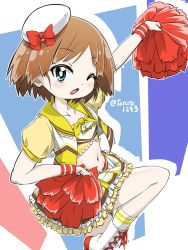 Rule 34 | 1girl, arm up, blue eyes, boots, bow, brown hair, cheerleader, clothes writing, coco&#039;s, commentary, cropped jacket, cross-laced footwear, double horizontal stripe, frilled skirt, frills, girls und panzer, hand on own hip, hat, hat bow, highres, holding, holding pom poms, jacket, logo, looking at viewer, midriff, miniskirt, official alternate costume, one eye closed, open mouth, pleated skirt, pom pom (cheerleading), pom poms, red bow, sakaguchi karina, shirt, short hair, silhouette, simple background, skirt, socks, solo, standing, tilted headwear, twitter username, white background, white footwear, white hat, white skirt, white socks, wristband, yamakake (tororo1293), yellow jacket, yellow shirt