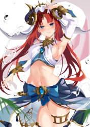 Rule 34 | 1girl, absurdres, arm up, armpits, blue eyes, blue gemstone, blue skirt, blurry, blurry foreground, breasts, closed mouth, cowboy shot, crop top, dancer, detached sleeves, forehead jewel, gem, genshin impact, harem outfit, highres, holding, horns, long hair, long sleeves, medium breasts, naruta (nmaf4445), navel, nilou (genshin impact), parted bangs, red hair, shirt, sideboob, signature, skirt, smile, solo, stomach, thighlet, thighs, vambraces, veil, vision (genshin impact), water drop, white headdress, white shirt