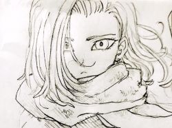 Rule 34 | 1girl, android 18, dragon ball, dragonball z, hair over one eye, looking at viewer, monochrome, scarf, short hair, simple background, solo, tkgsize, traditional media