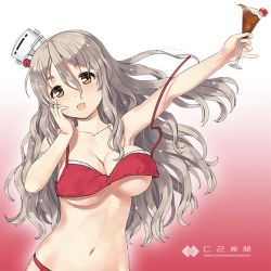 Rule 34 | 1girl, bikini, breasts, brown eyes, c2 kikan, cleavage, cup, drinking glass, hair between eyes, holding, holding cup, jiji (aardvark), kantai collection, large breasts, light brown hair, long hair, navel, official art, open mouth, pola (kancolle), red background, red bikini, solo, swimsuit, untied bikini, upper body