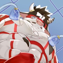 Rule 34 | 1boy, absurdres, animal ears, bara, bodysuit, bulge, cow boy, cow ears, cow horns, erection, erection under clothes, foreshortening, from below, furrowed brow, furry, furry male, highres, horns, large pectorals, looking at viewer, looking down, male focus, male lactation, meme, milking machine, minotaur, muscular, muscular male, nipples, one eye closed, original, pectoral focus, pectorals, pencil mustache, precum, precum through clothes, san jiao niu, solo, superhero costume, torn bodysuit, torn clothes, upper body, yur oc like this (meme)