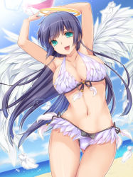 Rule 34 | 1girl, angel, aqua eyes, arms up, ball, beach, beachball, bikini, blush, breasts, cleavage, day, feathers, front-tie top, halo, highres, large breasts, long hair, monety, open mouth, original, purple hair, shiny skin, side-tie bikini bottom, smile, solo, swimsuit, thigh gap, very long hair, white wings, wings