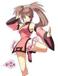 Rule 34 | 1girl, breasts, brown eyes, brown hair, china dress, chinese clothes, dress, fighting stance, guilty gear, kuradoberi jam, long hair, seo tatsuya, simple background, sketch, smile, solo, standing, standing on one leg, white background, wide hips