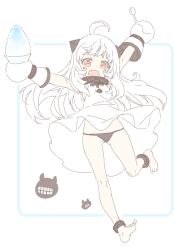 Rule 34 | 1girl, abyssal ship, ahoge, bad id, bad twitter id, barefoot, black panties, blush, colored skin, dress, fang, food, full body, holding, holding spoon, horns, kantai collection, long hair, mittens, northern ocean princess, open mouth, pale skin, panties, shaved ice, shiosoda, simple background, skin fang, sleeveless, sleeveless dress, solo, spoon, thigh gap, underwear, white dress, white hair, white skin
