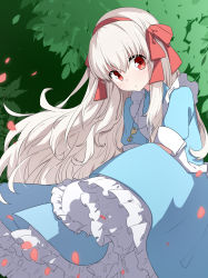 Rule 34 | 1girl, absurdres, apron, blue dress, blush, bow, breasts, commentary request, dress, frills, grey apron, grey hair, hair between eyes, hairband, highres, jewelry, kagerou project, key, key necklace, kozakura marry, leaf, lizi, long hair, looking to the side, mandarin collar, medium breasts, necklace, open mouth, outdoors, petals, red bow, red eyes, red hairband, short sleeves, solo, standing, tree