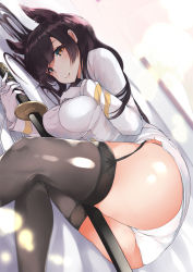 Rule 34 | 1girl, animal ears, atago (azur lane), azur lane, black thighhighs, blonde hair, blush, breasts, closed mouth, commentary request, dutch angle, fox ears, garter straps, gloves, hand on own chest, holding, holding sword, holding weapon, large breasts, legs together, long hair, long sleeves, looking at viewer, lying, military, military uniform, minari (haib), mole, mole under eye, on side, panties, pencil skirt, sheath, sheathed, skirt, smile, solo, swept bangs, sword, thighhighs, underwear, uniform, weapon, white gloves, white panties, white skirt, yellow eyes