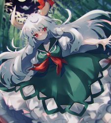 Rule 34 | 1girl, ayahi 4, bamboo, bamboo forest, blurry, bow, closed mouth, depth of field, dress, ex-keine, forest, green dress, grey hair, highres, horn bow, horn ornament, horns, kamishirasawa keine, long hair, looking at viewer, nature, night, night sky, outdoors, red bow, red eyes, short sleeves, sky, solo, touhou