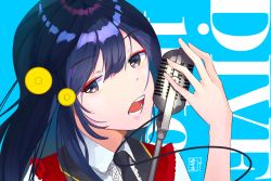 Rule 34 | 1girl, aqua background, artist name, artist request, black hair, blue hair, blush, breasts, chase (love live!), collared shirt, dark blue hair, dress shirt, earrings, female focus, fingerless gloves, gloves, grey eyes, hair ornament, hairclip, half gloves, hat, highres, holding, holding microphone, holding microphone stand, jewelry, long hair, looking at viewer, love live!, love live! nijigasaki high school idol club, love live! school idol festival, microphone, microphone stand, mini hat, mini top hat, necktie, parted lips, ponytail, puffy short sleeves, puffy sleeves, purple neckwear, red gloves, red hat, red shirt, red vest, ribbon, shirt, short sleeves, side ponytail, smile, solo, suspenders, top hat, triangle earrings, upper body, vest, wing collar, yuki setsuna (love live!)