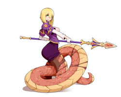 Rule 34 | 1girl, blonde hair, bob cut, breasts, closed mouth, facial mark, full body, gloves, green eyes, hair between eyes, half gloves, holding, holding polearm, holding weapon, icti (materclaws), inverted bob, jacket, lamia, large breasts, layered sleeves, long sleeves, looking at viewer, materclaws, medium hair, miniskirt, monster girl, open clothes, open jacket, original, pantyhose, pencil skirt, polearm, purple jacket, purple skirt, short over long sleeves, short sleeves, simple background, skirt, smile, solo, spear, torn clothes, torn pantyhose, two-handed, weapon, white background, white gloves
