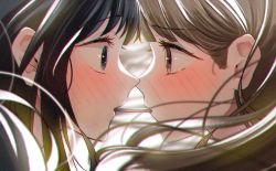 Rule 34 | 2girls, absurdres, arisugawa bii, black eyes, black hair, blush, brown eyes, brown hair, eye contact, food, food in mouth, highres, long hair, looking at another, multiple girls, original, pocky, pocky in mouth, pocky kiss, shared food, wide-eyed, yuri