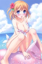Rule 34 | 1girl, :o, absurdres, areola slip, bare shoulders, barefoot, bikini, blue eyes, blue sky, blush, breasts, cleavage, cloud, day, flower, frilled bikini, frills, front-tie top, ginta, hair flower, hair ornament, hibiscus, highres, inflatable dolphin, inflatable toy, large breasts, open mouth, orange hair, original, side-tie bikini bottom, sky, solo, sparkle, strap slip, swimsuit, wardrobe malfunction, water, wet, white bikini