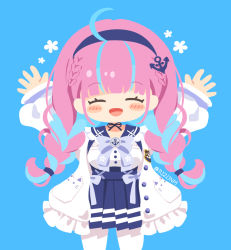 Rule 34 | 1girl, ahoge, anchor hair ornament, arms up, blue background, blue dress, blue hair, breasts, closed eyes, coat, commentary, cowboy shot, dress, flower, hair ornament, happy, headband, hololive, light blue hair, medium breasts, minato aqua, minato aqua (sailor), multicolored hair, open mouth, pantyhose, pink hair, pleated dress, rizu (rizunm), simple background, smile, solo, twitter username, two-tone hair, virtual youtuber, white coat, white flower, white pantyhose