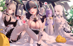 Rule 34 | 5girls, absurdres, animal ears, aqua eyes, aqua hair, azur lane, bare shoulders, black bow, black dress, bow, breasts, character request, cheshire (azur lane), detached collar, dress, eating, fake animal ears, flower, formidable (azur lane), frilled dress, frills, gloves, hair bow, heart, highres, holding, illustrious (azur lane), large breasts, light brown hair, long hair, looking at viewer, manjuu (azur lane), mole, mole under eye, multicolored hair, multiple girls, open mouth, panties, puffy short sleeves, puffy sleeves, purple eyes, purple hair, red eyes, see-through, short sleeves, sitting, small breasts, spoken heart, twintails, two-tone hair, underwear, unicorn (azur lane), very long hair, white gloves, white hair, white legwear, white panties, wrist cuffs, xiaoshan jiang