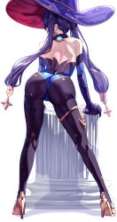 Rule 34 | 1girl, ass, ass focus, bare shoulders, black pantyhose, blue hat, from behind, genshin impact, gloves, hair ornament, hair ribbon, hat, high heels, highres, huge ass, leotard, long hair, mona (genshin impact), pantyhose, purple hair, ribbon, shiny clothes, shiny skin, solo, thighlet, twintails, uenoryoma, very long hair, vision (genshin impact)