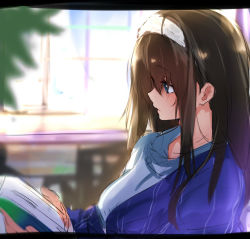 Rule 34 | 10s, 1girl, backlighting, blue eyes, blurry, book, brown hair, closed mouth, depth of field, from side, hair between eyes, hairband, holding, holding book, idolmaster, idolmaster cinderella girls, indoors, isshiki (ffmania7), letterboxed, long hair, open book, reading, sagisawa fumika, sketch, solo, upper body, window