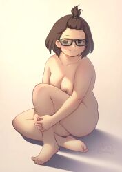 Rule 34 | 1girl, absurdres, artist name, breasts, character request, closed mouth, cloudxmoe, commentary, completely nude, copyright request, english commentary, english text, full body, glasses, hair tie, highres, looking at viewer, medium breasts, medium hair, nipples, nude, shadow, simple background, sitting, solo, tareme, thick thighs, thighs