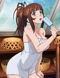 Rule 34 | 1girl, bare arms, bare shoulders, basket, blunt bangs, breasts, brown eyes, brown hair, cleavage, collarbone, food, hand on lap, ikkitousen, indoors, large breasts, long hair, naked towel, open mouth, ponytail, popsicle, sidelocks, solo, tongue, tongue out, towel, yagyu mitsuyoshi