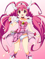 Rule 34 | 10s, 1girl, antenna hair, boots, bow, choker, clothes lift, cure happy, dress, earrings, gradient background, head wings, homing (areya), hoshizora miyuki, jewelry, long hair, magical girl, panties, pink background, pink bow, pink dress, pink eyes, pink hair, pink skirt, pink theme, precure, skirt, skirt lift, smile, smile precure!, solo, tiara, twintails, underwear, upskirt, white background, white panties, wings, wrist cuffs