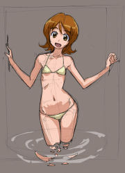 Rule 34 | 10s, 1girl, :d, bikini, breasts, brown eyes, brown hair, flat chest, grey background, happinesscharge precure!, looking at viewer, navel, oomori yuuko, open mouth, partially submerged, precure, rohitsuka, short hair, simple background, sketch, small breasts, smile, solo, swimsuit, wading, water, yellow bikini
