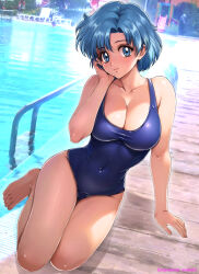 Rule 34 | barefoot, bishoujo senshi sailor moon, blue eyes, blue hair, breasts, cleavage, covered navel, highres, large breasts, lips, mizuno ami, one-piece swimsuit, oyaman, pool, short hair, smile, swept bangs, swimsuit