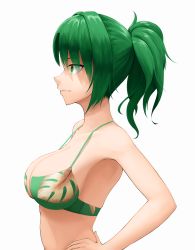 Rule 34 | 1girl, absurdres, bare arms, bare shoulders, bikini, breasts, cleavage, closed mouth, collarbone, dolphin wave, floral print, from side, green bikini, green eyes, green hair, hair intakes, halterneck, hand on own hip, harunami anri, highres, kodeyu, large breasts, light smile, looking away, medium hair, ponytail, print bikini, profile, simple background, solo, stomach, strap gap, swimsuit, upper body, white background