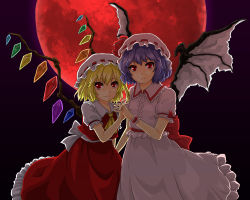 Rule 34 | 2girls, ascot, bat wings, blonde hair, blue hair, collared shirt, dress, female focus, flandre scarlet, full moon, gradient background, grey background, hat, hat ribbon, highres, holding hands, light smile, looking at viewer, mob cap, moon, multiple girls, outdoors, own hands together, puffy short sleeves, puffy sleeves, red dress, red eyes, red moon, remilia scarlet, ribbon, ribbon-trimmed sleeves, ribbon trim, ringed eyes, shirt, short hair, short sleeves, side ponytail, simple background, skirt, sky, smile, toriaezu shouyu, touhou, upper body, vest, wings