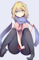 Rule 34 | 1girl, ass, black pantyhose, blonde hair, blue scarf, blush, closed mouth, commentary request, flower, gabriel dropout, green eyes, green flower, grey background, hair between eyes, hair flower, hair ornament, highres, kyuukon (qkonsan), long hair, looking at viewer, neck ribbon, no shoes, panties, panties under pantyhose, pantyhose, plaid, plaid skirt, red panties, red ribbon, red skirt, ribbon, scarf, shirt, short sleeves, simple background, sitting, skirt, soles, solo, sweater vest, tapris chisaki sugarbell, underwear, white shirt