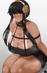 Rule 34 | 1girl, bare shoulders, black dress, black hair, blush, breasts, choker, cleavage, curvy, dark-skinned female, dark skin, dress, flower, hair flower, hair ornament, highres, huge breasts, looking at viewer, off-shoulder dress, off shoulder, red eyes, rose, sidelocks, simple background, solo, spy x family, tan, tanline, thick thighs, thighs, yor briar, zeroqrisu