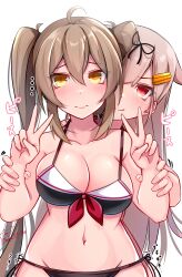 Rule 34 | 2girls, absurdres, ahoge, artist name, baileys (tranquillity650), bare arms, bare legs, bare shoulders, bikini, black bikini, black ribbon, blonde hair, blush, breasts, cleavage, closed mouth, collarbone, hair flaps, hair ornament, hair ribbon, hairclip, highres, kantai collection, large breasts, light brown hair, long hair, motion lines, multiple girls, murasame (kancolle), navel, red eyes, ribbon, signature, simple background, smile, swimsuit, twintails, twitter username, white background, yellow eyes, yuudachi (kancolle), yuudachi kai ni (kancolle)