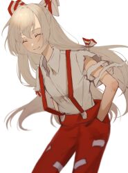 Rule 34 | 1girl, bow, closed eyes, collared shirt, commentary, fujiwara no mokou, hair bow, hands in pockets, highres, long hair, ofuda, ofuda on clothes, pants, parted lips, red pants, shirt, simple background, smile, solo, suspenders, torn sleeve, touhou, umeko 81, white background, white bow, white hair, white shirt