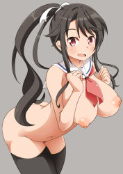 Rule 34 | arms up, ass, bad id, bad pixiv id, bare shoulders, black hair, black thighhighs, blush, breasts, butt crack, fang, grey background, high school fleet, inverted nipples, large breasts, leaning forward, long hair, looking at viewer, munetani mashiro, naruse mai, navel, neckerchief, nipples, nude, open mouth, ponytail, red eyes, ribbon, simple background, solo, standing, thighhighs, white ribbon