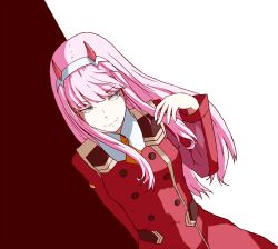 Rule 34 | 1girl, blue eyes, darling in the franxx, dress, dutch angle, hairband, highres, horns, long hair, looking to the side, necktie, orange necktie, pink hair, red background, red dress, red horns, short necktie, sokutenkun, solo, uniform, white background, zero two (darling in the franxx)